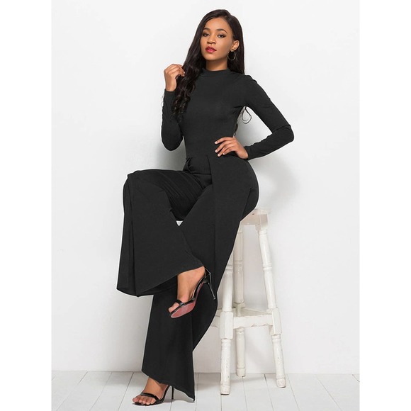 Black Wide Leg Long Sleeve Jumpsuit - Picture 1 of 4